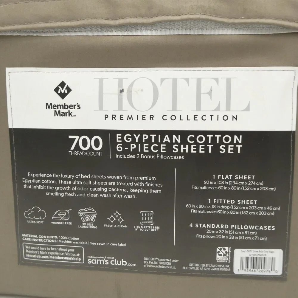 6 Piece Sheet Set. Grey Bisquet , Hotel Premier Collection Egyptian Cotton QUEEN